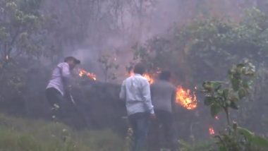 Jammu and Kashmir Fire: Rising Temperatures, Severe Dry Spell Spark Series of Forest Fires in Rajouri District Disrupting Normal Life, Locals Complain of Suffocation (Watch Video)