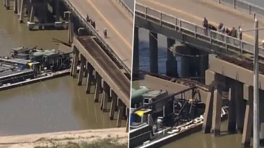 Barge Hits Bridge in US: Cargo-Carrying Vessel Crashes Into Causeway Pelican Island in Texas (Watch Video)