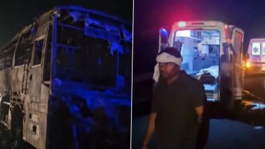 Haryana Bus Fire: Eight Killed, Over 20 Injured As Moving Bus Catches Fire on KMP Expressway in Nuh (Watch Video)