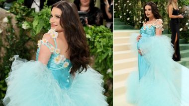 Met Gala 2024: Lea Michele Shows Off Baby Bump in Stunning Blue Gown (Watch Video)