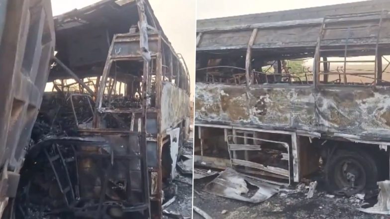 Andhra Pradesh Road Accident: Six Killed After Bus Collides With Tipper Lorry, Both Vehicles Catch Fire in Chilkaluripet (Watch Video)