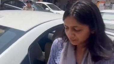 Swati Maliwal Assault Case: AAP MP Arrives at Delhi CM Arvind Kejriwal’s Residence for Scene Recreation (Watch Videos)