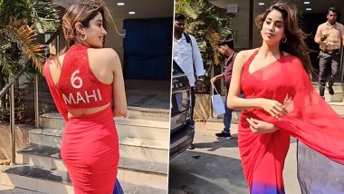 Janhvi Kapoor Slays in Red-Blue Saree With ‘6 Mahi’ Blouse at Mr & Mrs Mahi Trailer Launch Event (Watch Video)