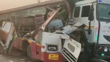 Uttar Pradesh Road Accident: Five Injured After Bus Rams Into Parked Truck in Amroha (Watch Video)