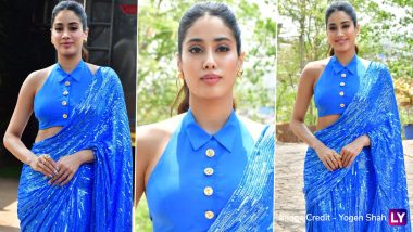 Lady in Blue! Janhvi Kapoor Stuns in Shimmery Saree and Halter Neck Blouse at Mr and Mrs Mahi Promotional Event (See Pics)