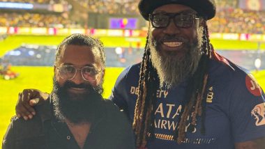 Chris Gayle Spotted In Royal Challengers Bengaluru Jersey at M Chinnaswamy Stadium Alongside Kannada Star Rishab Shetty During RCB vs CSK IPL 2024 Match (See Pic)