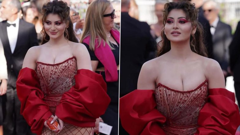 Cannes 2024: Urvashi Rautela Looks Seductive in Strapless Red Shimmery Gown for Third Day at the 77th Film Festival (See Pics)