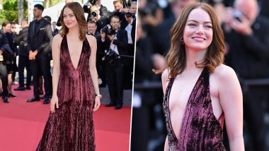 Cannes 2024: Emma Stone Shines in Burgundy Sequin V-Neck Louis Vuitton Gown at the Kinds of Kindness Premiere (See Pics)