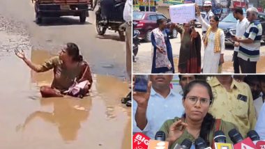 Woman Sits in Pothole To Flag Poor Condition of Roads in Hyderabad	