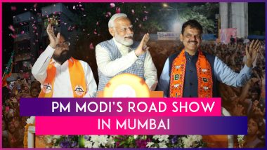 PM Modi’s Mumbai Visit: PM Narendra Modi Holds Road Show With Maharashtra CM Eknath Shinde & Deputy CM Devendra Fadnavis