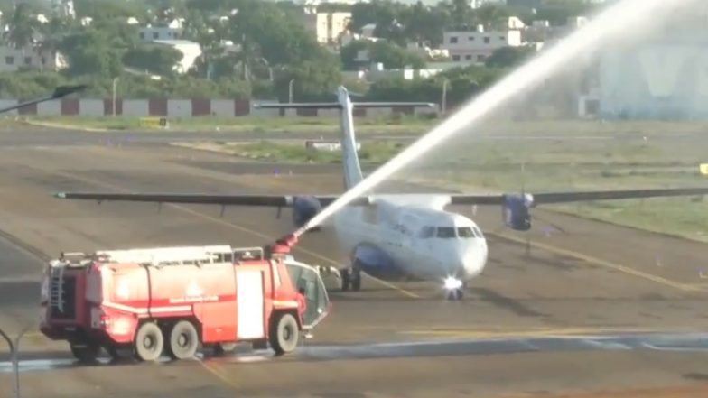 IndiGo Flight From Chennai Welcomed With Water Cannon Salute at Tiruchirappalli Airport As New Terminal Goes Operational Today (Watch Video)