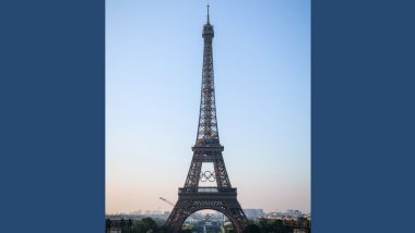 Paris Olympic Games 2024 Organizers Unveil a Display of the Five Olympic Rings Mounted on Eiffel Tower