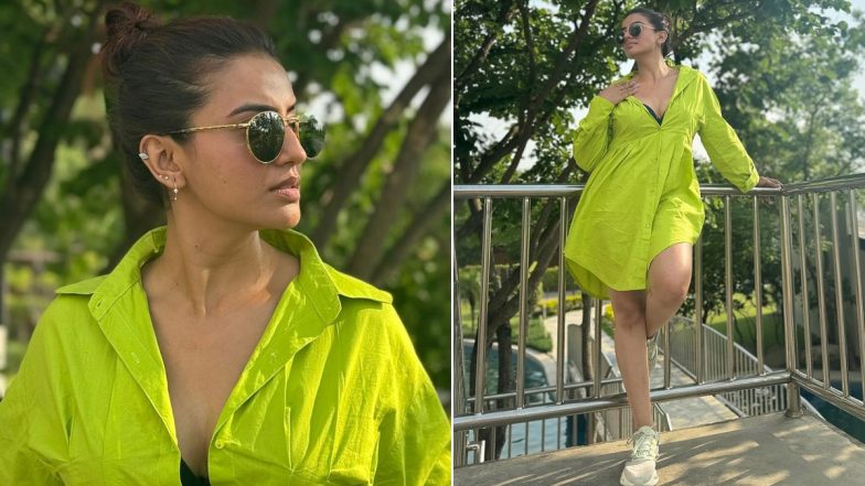 How To Style Shirt Dress? Bhojpuri Actress Akshara Singh Nails Summer Fashion in Green Shirt Dress, Sneakers and Sunglasses (View Pics)