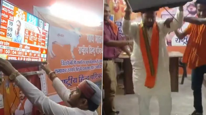 India General Elections 2024 Results: Rashtriya Hindu Parishad President Govind Parashar Breaks Television Set After BJP Fails To Cross 400 Seats in Polls, Dramatic Video Surfaces