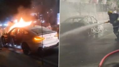 BMW Catches Fire in Hyderabad: Moving Luxury Car Gutted in Fire in Jubilee Hills, Videos Surface