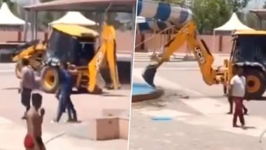 JCB Mayhem at Water Park in Rajasthan: People Vandalise Water Park Over Entry Fee Dispute in Chittorgarh, Bulldozer Used to Destroy Swimming Pool (Watch Video)