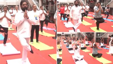 Eknath Shinde Struggles to Perform Yoga Asanas on International Yoga Day 2024 Event, Video Surfaces