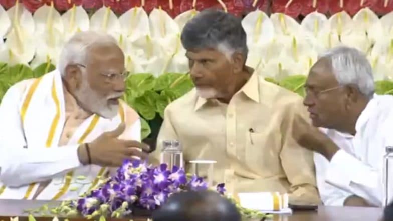 NDA Meet 2024: Narendra Modi 3.0 Govt Formation Meeting Underway at Samvidhan Sadan; JP Nadda, Nitish Kumar, Chandrababu Naidu Present (Watch Videos)