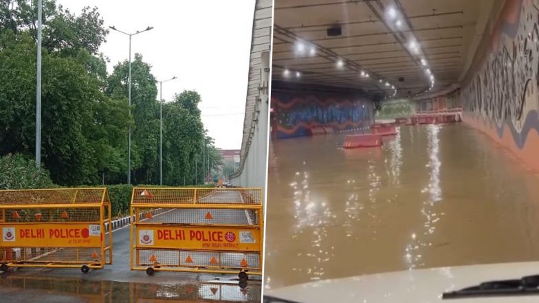 Pragati Maidan Tunnel Shut: Heavy Rainfall Causes Waterlogging in Pragati Maidan Tunnel, Delhi Traffic Police Halt Traffic Movement (See Pics)