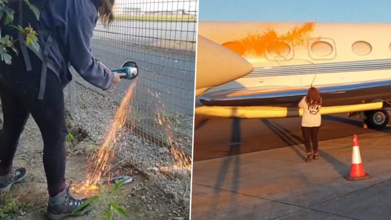 London: Two Activists Break Into Stansted Airport and Vandalise Private Jets in Anti-Fossil Fuels Protest, Video Surfaces