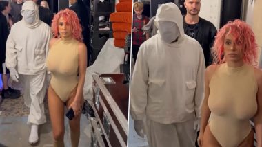 Bianca Censori’s Latest Scandalous Look! Kanye West’s Wife Opts for Braless Beige Bodysuit and Vibrant Pink Hair at Fashion Show (Watch Video)