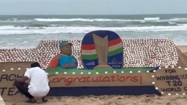 T20 World Cup Win: Artist Sudarsan Pattnaik Congratulates Team India by Creating Sand Sculpture of 20-Feet-Long Bat and 500 Balls (Watch Video)