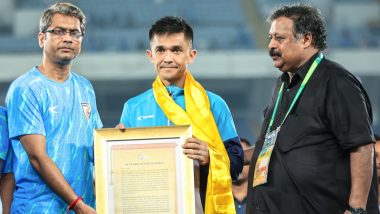 AIFF President Kalyan Chaubey Felicitates Sunil Chhetri After India vs Kuwait FIFA World Cup 2026 Qualifiers Match