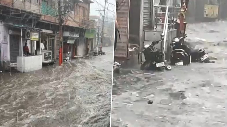 Jodhpur Rains: Heavy Rainfall Causes Flood-Like Situation in Rajasthan City, Bike Swept Away in Flooded Street (Watch Video)