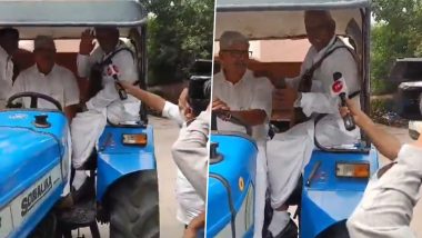 18th Lok Sabha Session: Farmer Leader and CPI MP From Rajasthan, Amra Ram, Takes Tractor to Parliament on First Day; Stopped at Gate by Police (Watch Video)