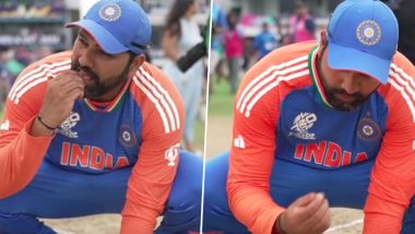 Emotional Rohit Sharma Eats Barbados Grass After Winning the ICC T20 World Cup 2024 at Kensington Oval (Watch Video)