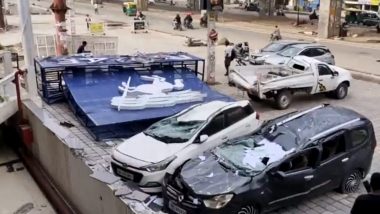 Punjab Billboard Collapse: Several Cars Damaged After Hoarding Collapses Due to Thunderstorm in Zirakpur (See Pic)