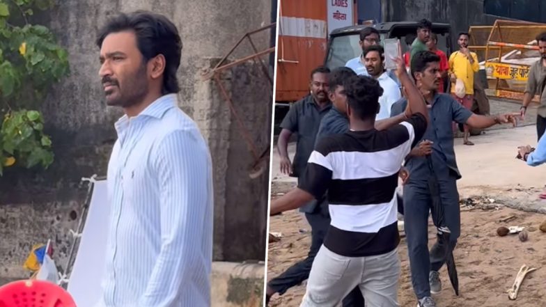 After Nagarjuna, Dhanush’s Bodyguards Push Away Fans During Kubera Shooting at Juhu Beach (Watch Video)