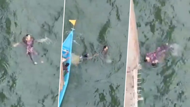 Andhra Pradesh: Woman Tries to Attempt Suicide by Jumping in Godavari River; Rescued by Fishermen, Police Officials (Watch Video)