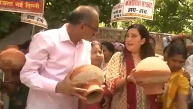 Delhi Water Crisis: BJP Holds ‘Matka-Phod’ Protest, AAP MLAs Accuse Union Jal Shakti Minister CR Patil for Not Intervening (Watch Videos)