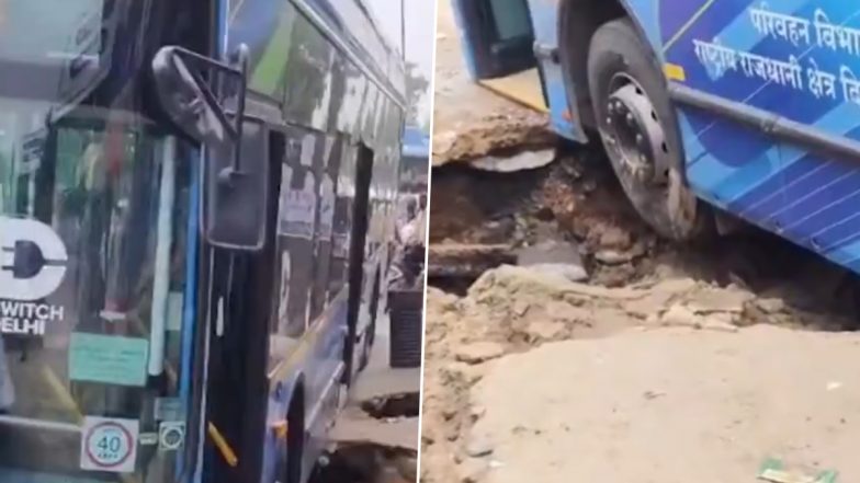 Delhi: Massive Traffic Jam in National Capital As DTC Bus Gets Stuck After Road Collapses in Mehrauli-Badarpur Area (Watch Video)