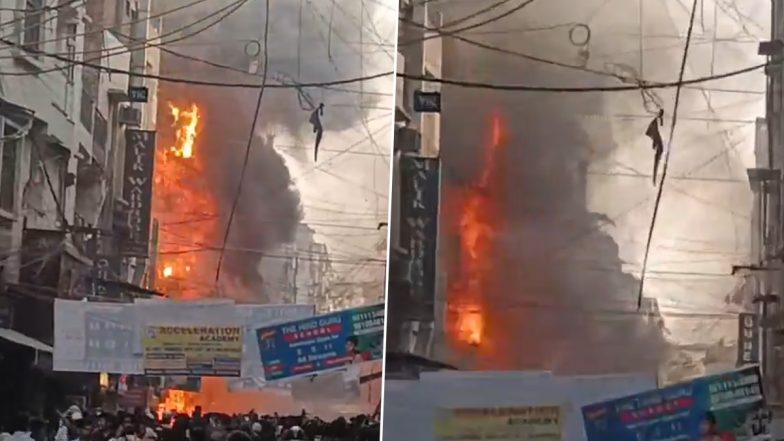 Delhi Hotel Fire Video: Restaurant in Shaheen Bagh Engulfed in Flames After Electrical Wires Catch Fire, Operation to Extinguish Blaze Underway