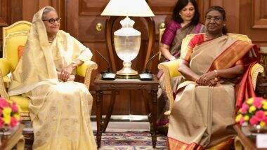 Sheikh Hasina's India Visit: Bangladesh PM Calls on President Droupadi Murmu at Rashtrapati Bhavan in Delhi (See Pics and Videos)