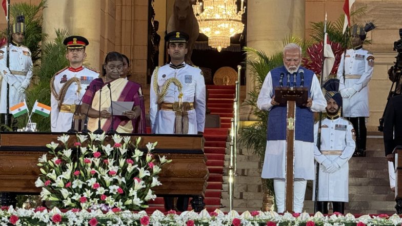 PM Modi Oath Taking Video: Narendra Modi Takes Oath as Prime Minister for Third Consecutive Term, Watch Swearing-In Ceremony