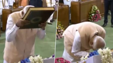 PM Narendra Modi Respectfully Touches Indian Constitution With His Forehead Amid Chants of 'Bharat Mata Ki Jai' During NDA Meeting at Samvidhan Sadan (Watch Video)