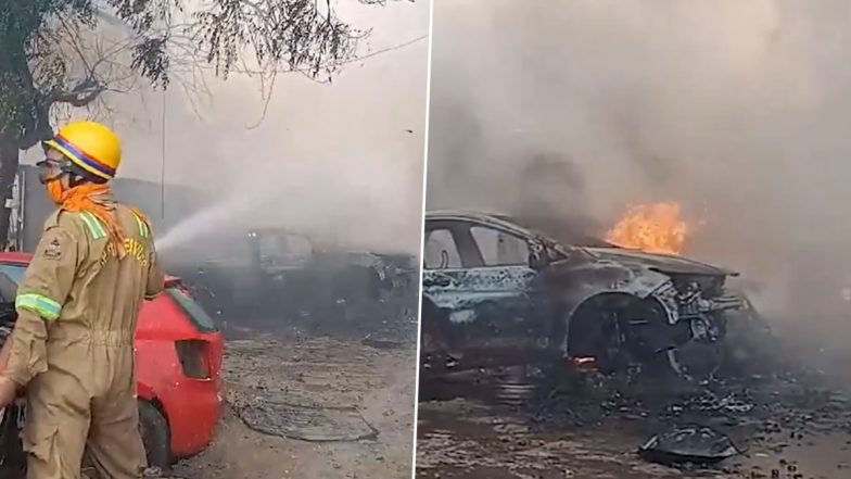 Lucknow Fire Video: Explosions Heard As CNG Vehicle Garage in Lucknow’s Chinhat Area Goes Up in Flames, Firefighting Operation Underway