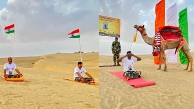 India News | BSF Jawans Perform Yoga on Sand Dunes in Jaisalmer on International Yoga Day