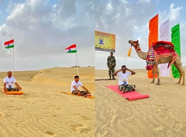 India News | BSF Jawans Perform Yoga on Sand Dunes in Jaisalmer on International Yoga Day