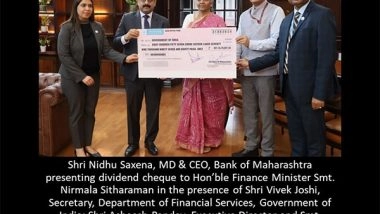 Business News | Bank of Maharashtra Presents Dividend of Rs 857 Crore to Finance Minister Nirmala Sitharaman