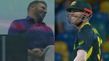 David Warner Spots Aaron Finch Clapping For Him in the Commentary Box, Former Opening Partners Have Wholesome Moment During AUS vs OMA ICC Men's T20 World Cup 2024 (Watch Video)