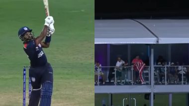 Aaron Jones Hits Massive 101m Six off Alzarri Joseph’s Bowling, Ball Lands on the Roof at Kensington Oval During USA vs WI T20 World Cup 2024 Match (Watch Video)