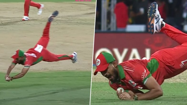 Aqib Ilyas Takes Sensational Diving Catch to Dismiss Glenn Maxwell For Golden Duck During AUS vs OMA ICC Men's T20 World Cup 2024 (Watch Video)