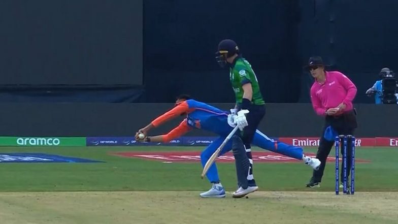 Axar Patel Takes Sensational Catch off His Own Bowling To Dismiss Barry McCarthy, Completes 50 T20I Wickets During IND vs IRE ICC T20 World Cup 2024 Match (Watch Video)