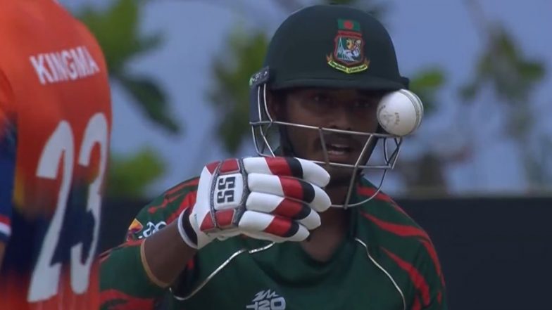 Ball Gets Stuck in Tanzid Hasan's Helmet Grill After He Tries to Play A Shot During BAN vs NED ICC T20 World Cup 2024 Match (Watch Video)