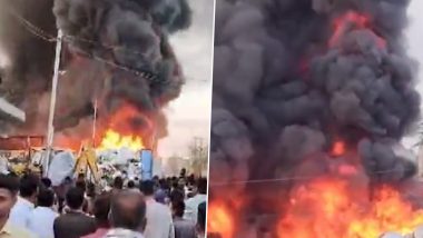 Barmer Fire: Massive Blaze Erupts in Scrap Godown in Shiv Nagar Area of Rajasthan, No Casualties Reported (Watch Video)