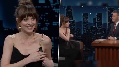 Dakota Johnson Experiences Wardrobe Malfunction; Madame Web Actress Stays Cool After Dress Strap Snaps Open on Jimmy Kimmel Live (Watch Video)